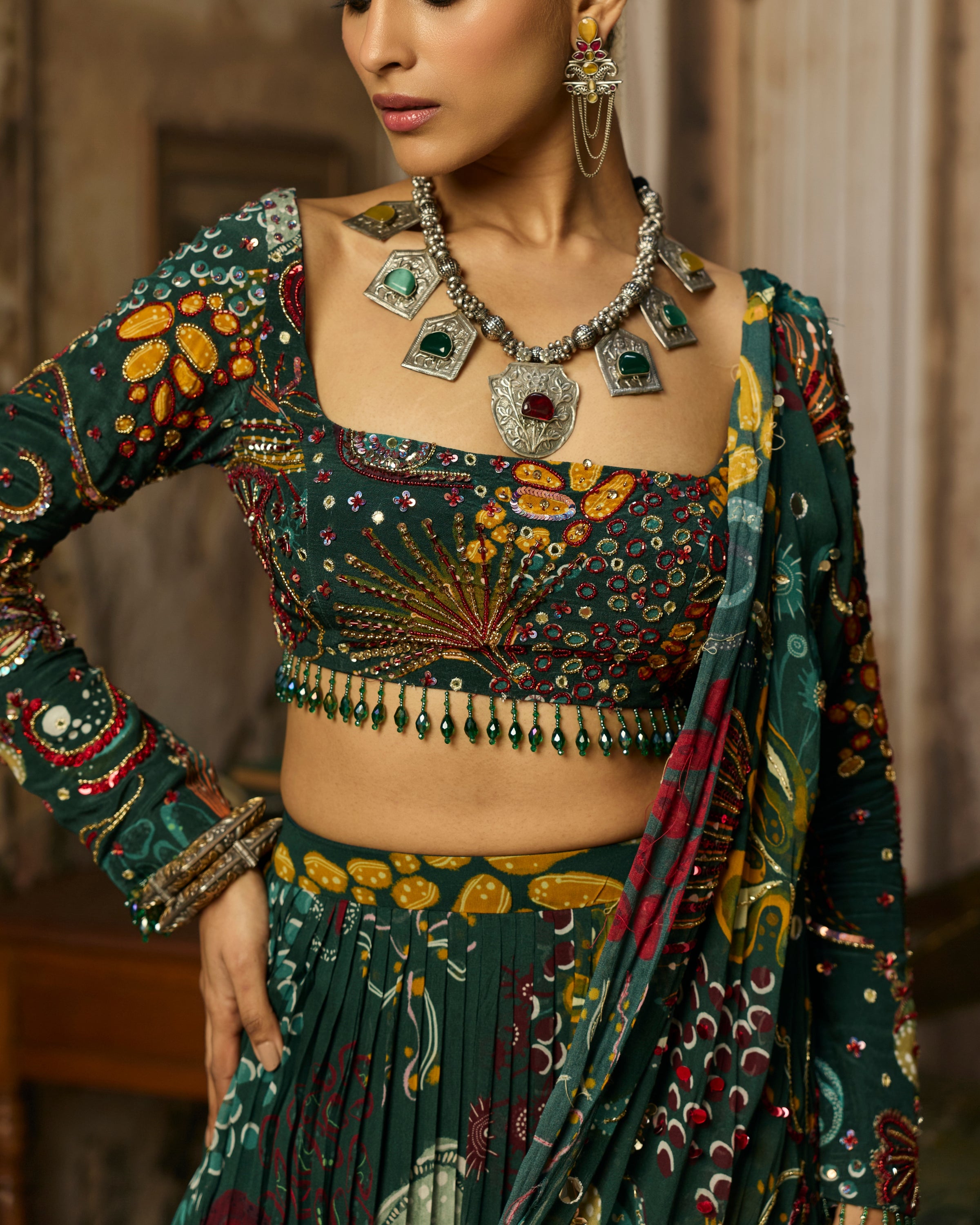 Dark Green Printed And Highlighted Tiered Skirt Sari Set