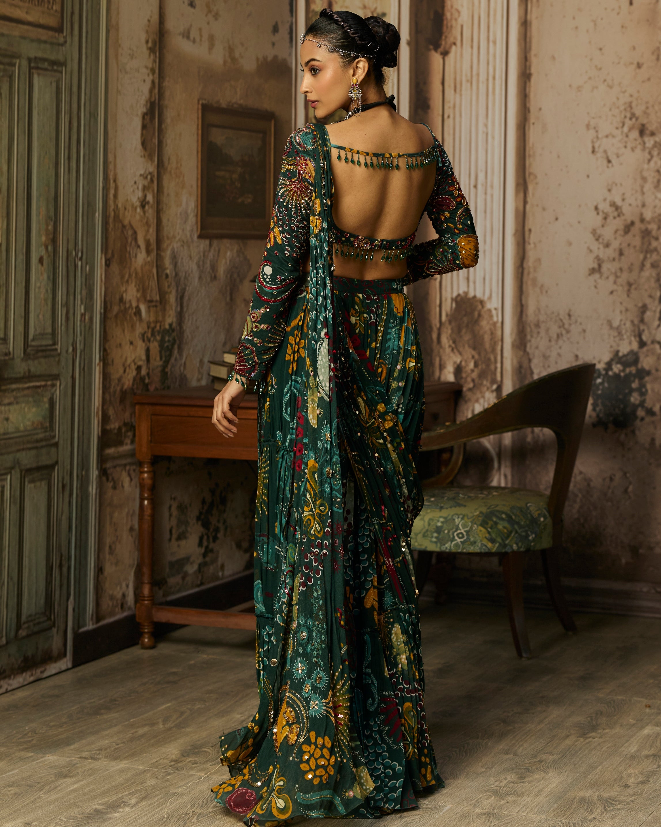 Dark Green Printed And Highlighted Tiered Skirt Sari Set