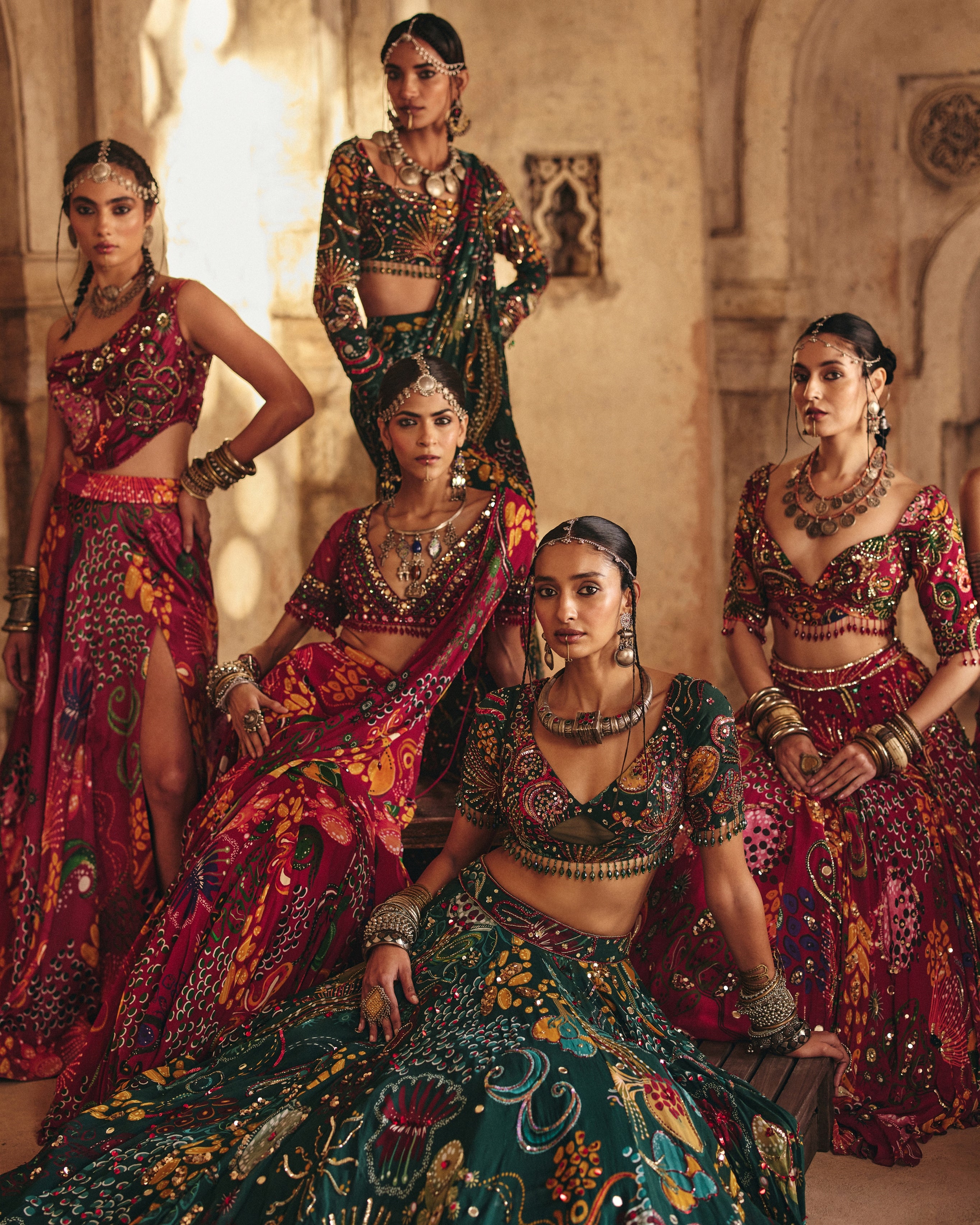 Dark Green Printed And Highlighted Tiered Skirt Sari Set