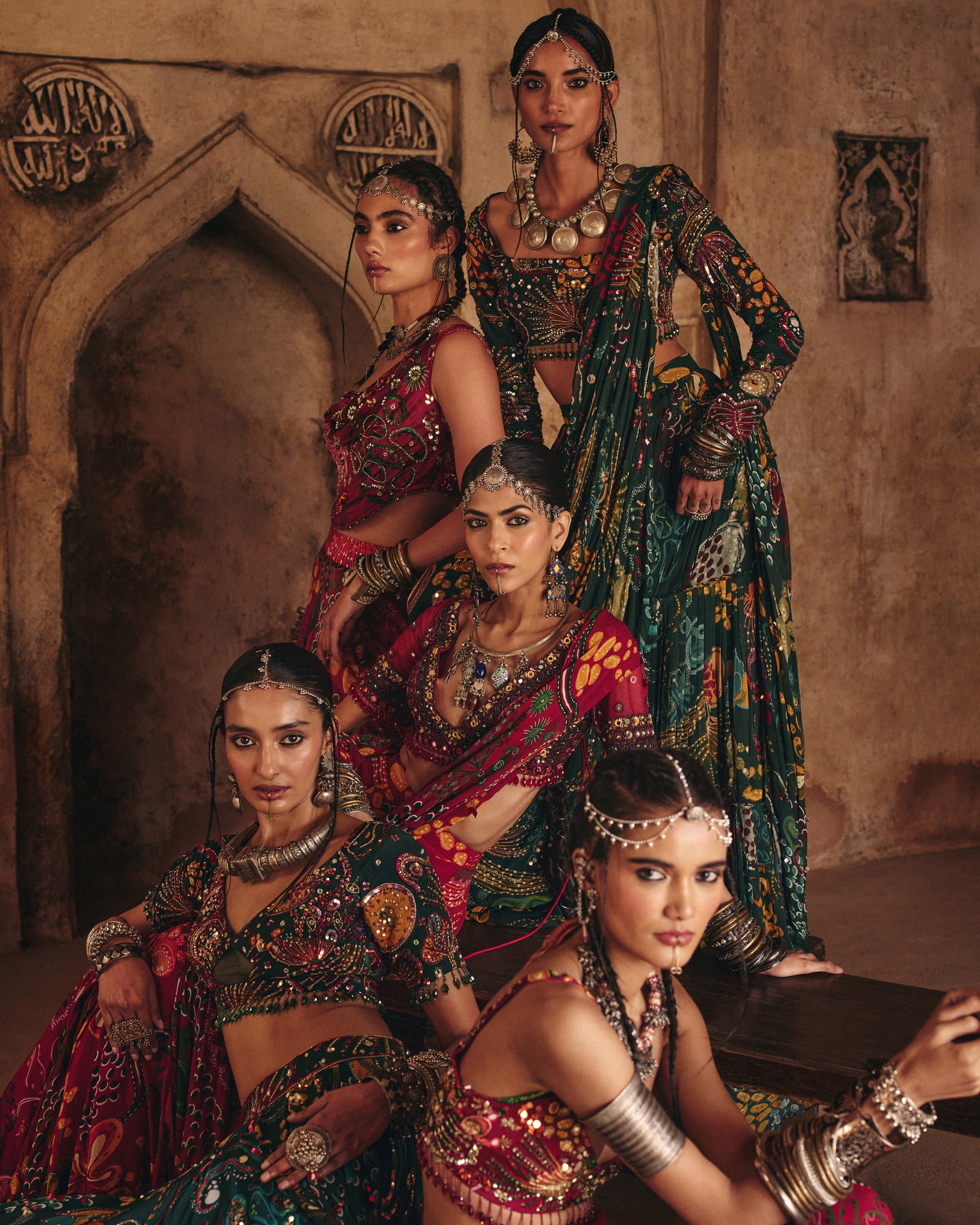 Dark Green Printed And Highlighted Tiered Skirt Sari Set