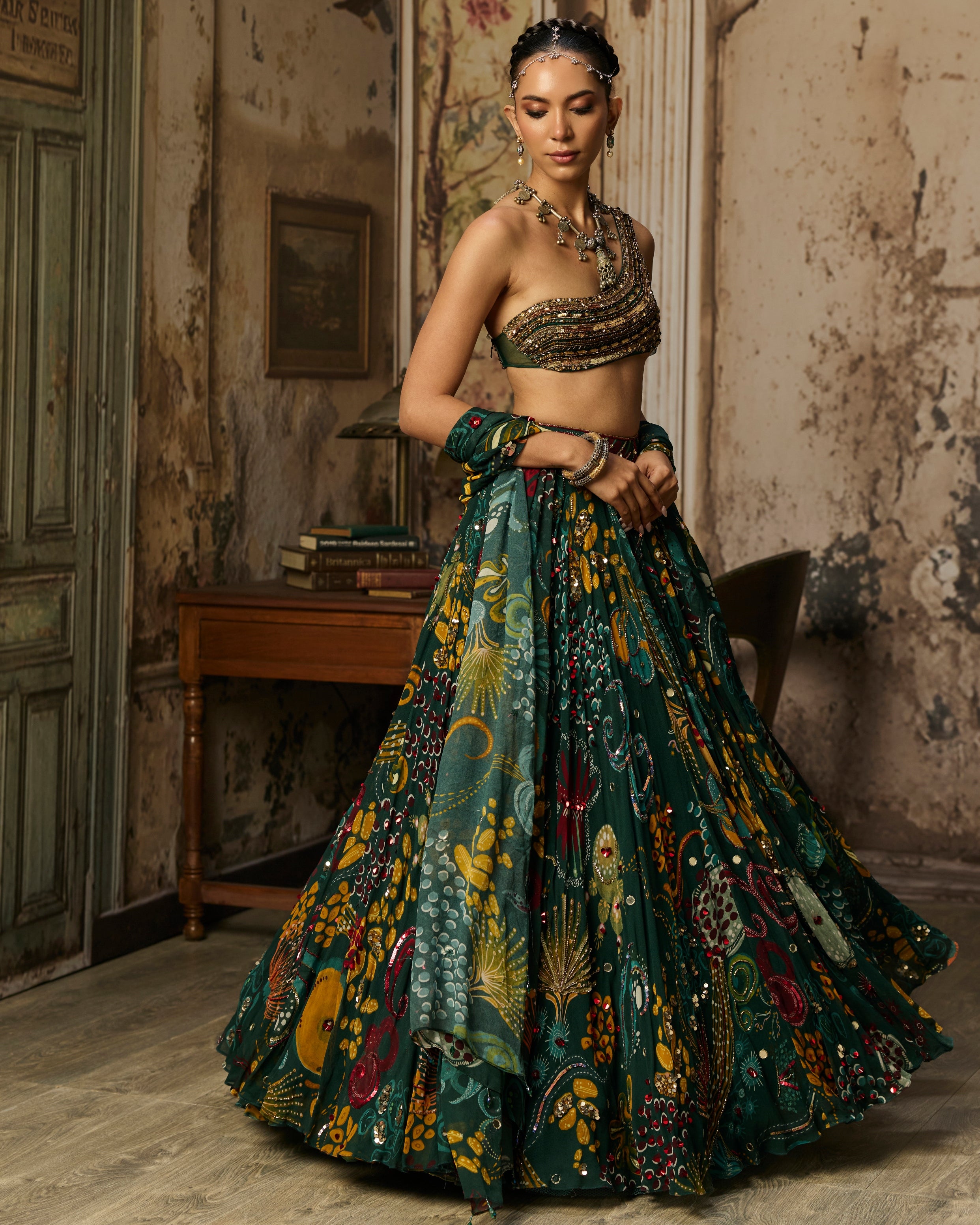 Dark Green Embellished Bouse With Printed And Highlighted Lehenga Set