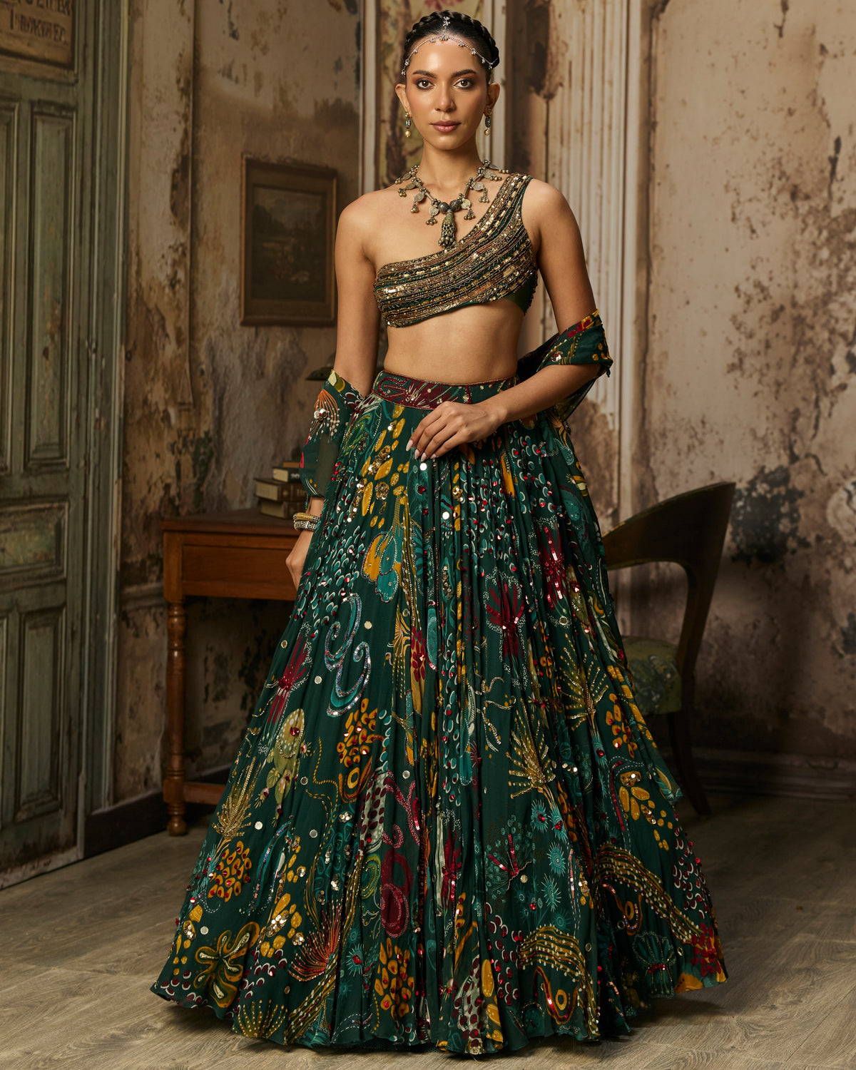Dark Green Embellished Bouse With Printed And Highlighted Lehenga Set