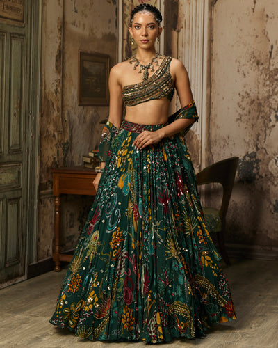 Dark Green Embellished Bouse With Printed And Highlighted Lehenga Set