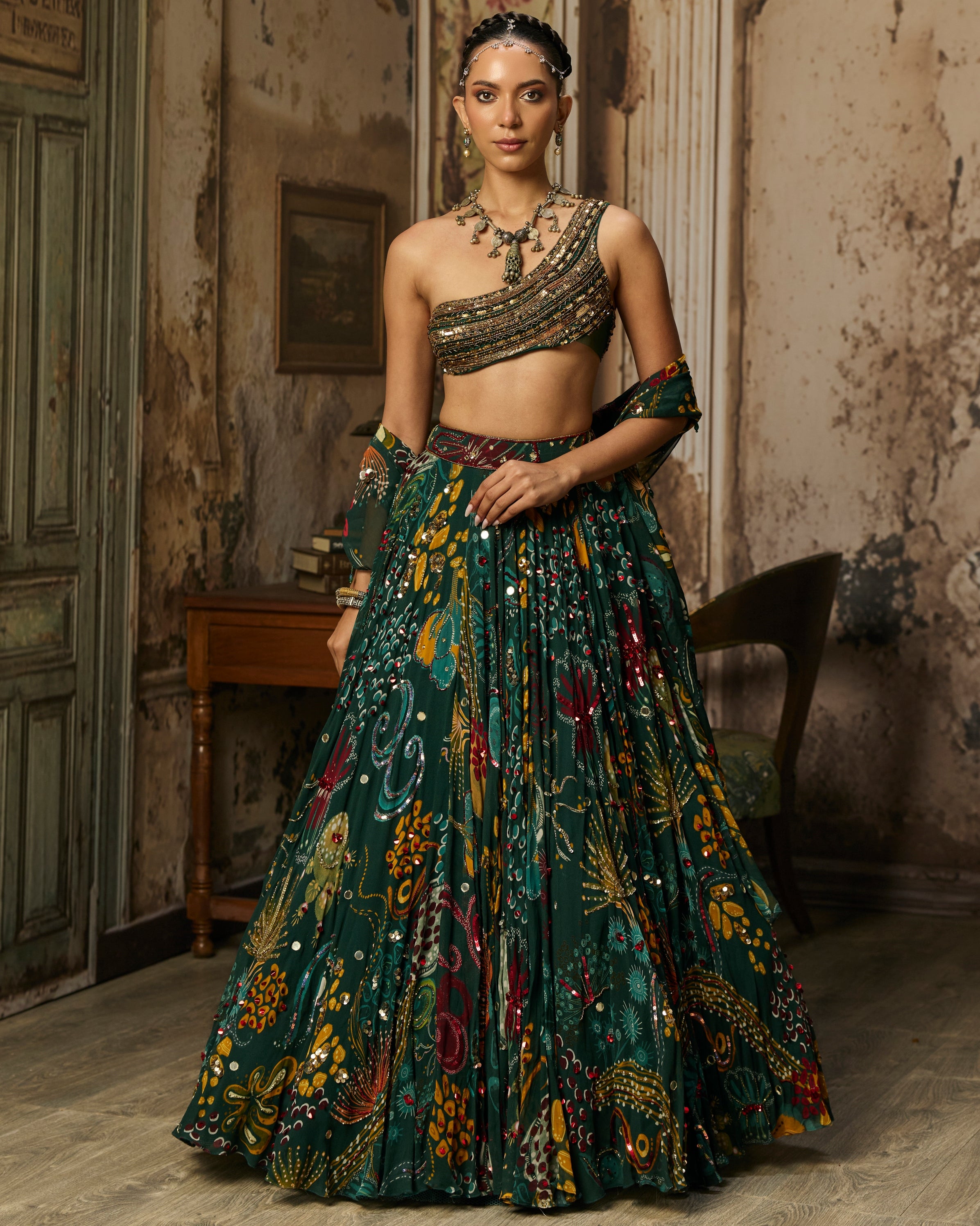 Dark Green Embellished Bouse With Printed And Highlighted Lehenga Set