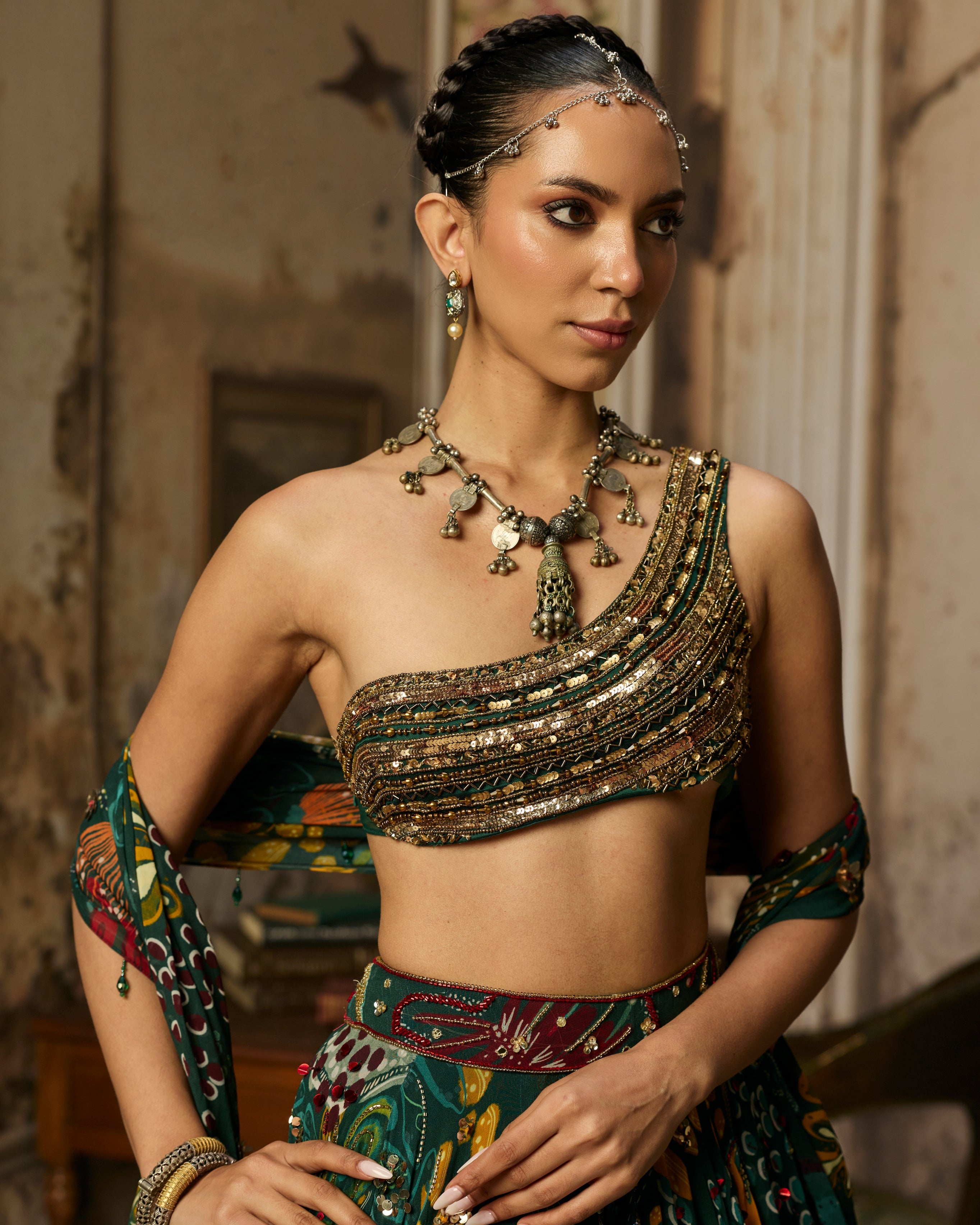 Dark Green Embellished Bouse With Printed And Highlighted Lehenga Set