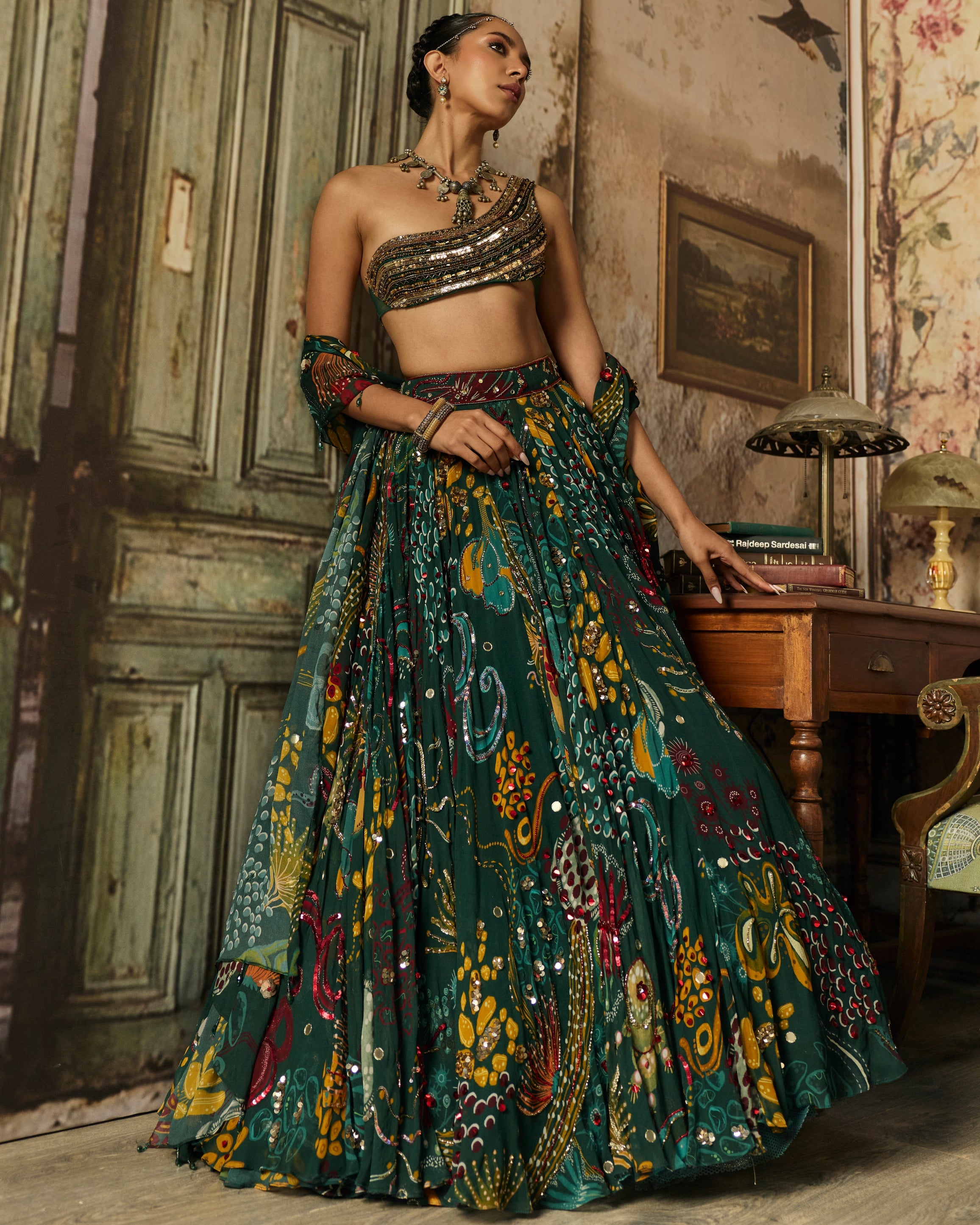 Dark Green Embellished Bouse With Printed And Highlighted Lehenga Set