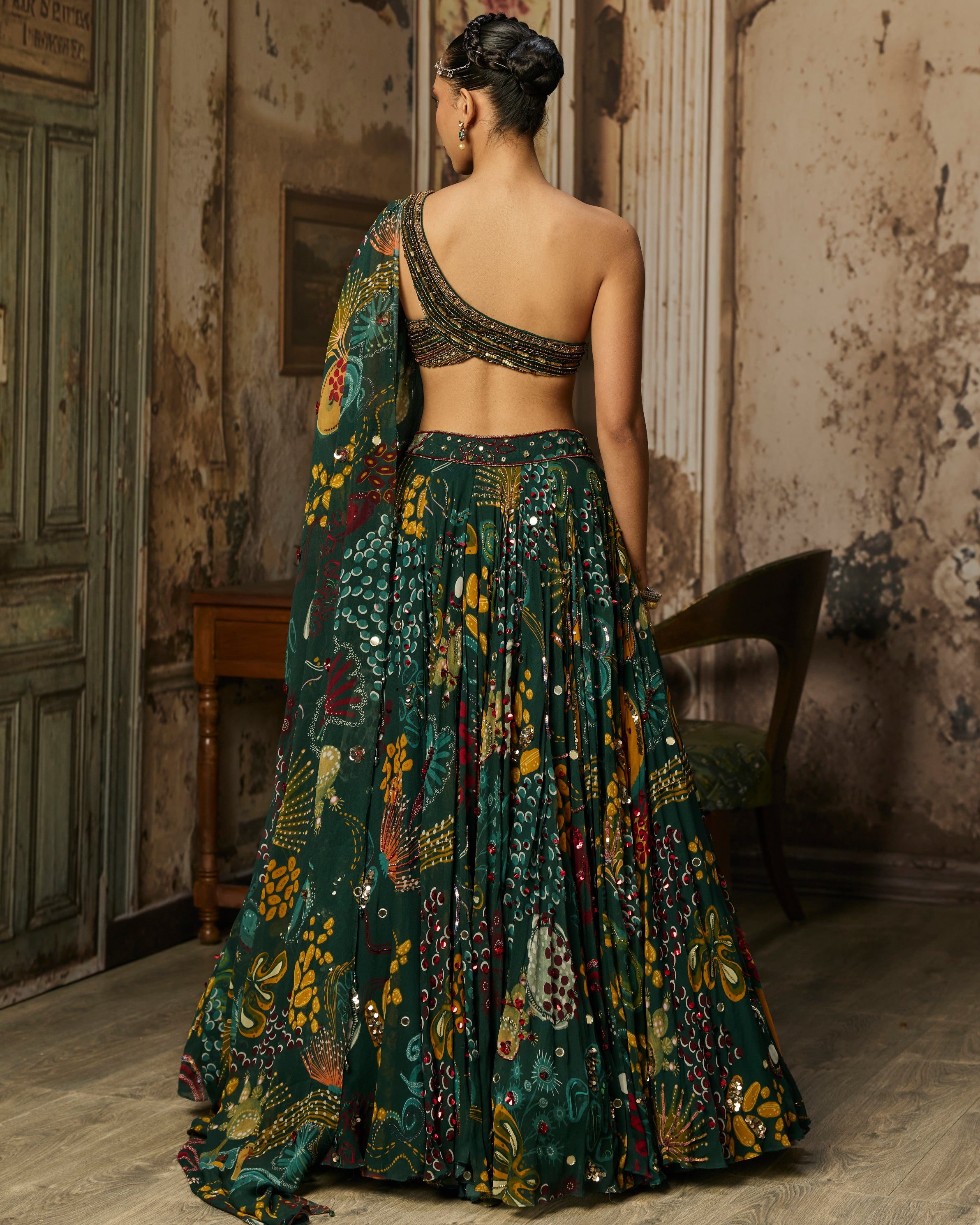 Dark Green Embellished Bouse With Printed And Highlighted Lehenga Set