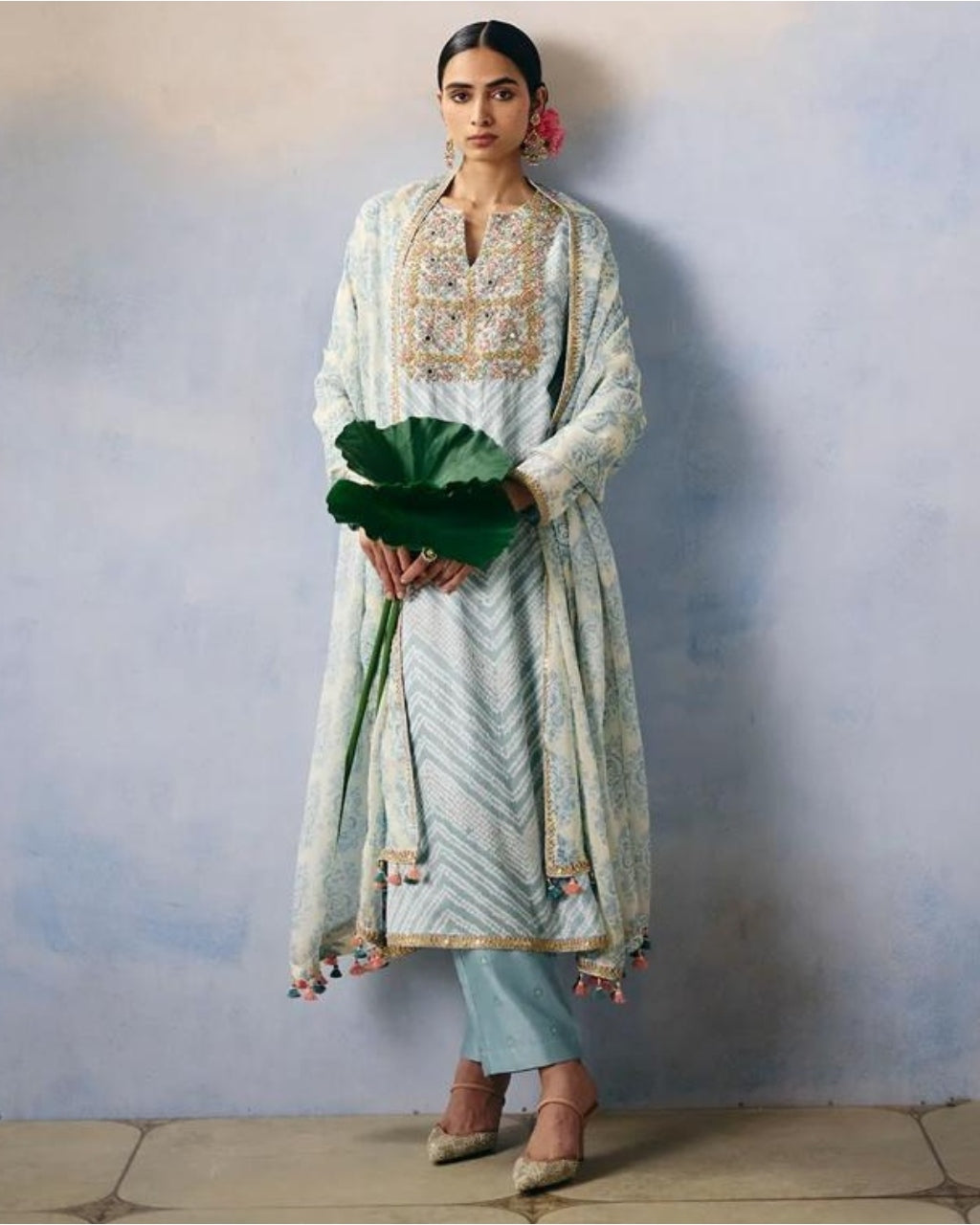 Blue Bandhej Kurta Pant Set With Dupatta
