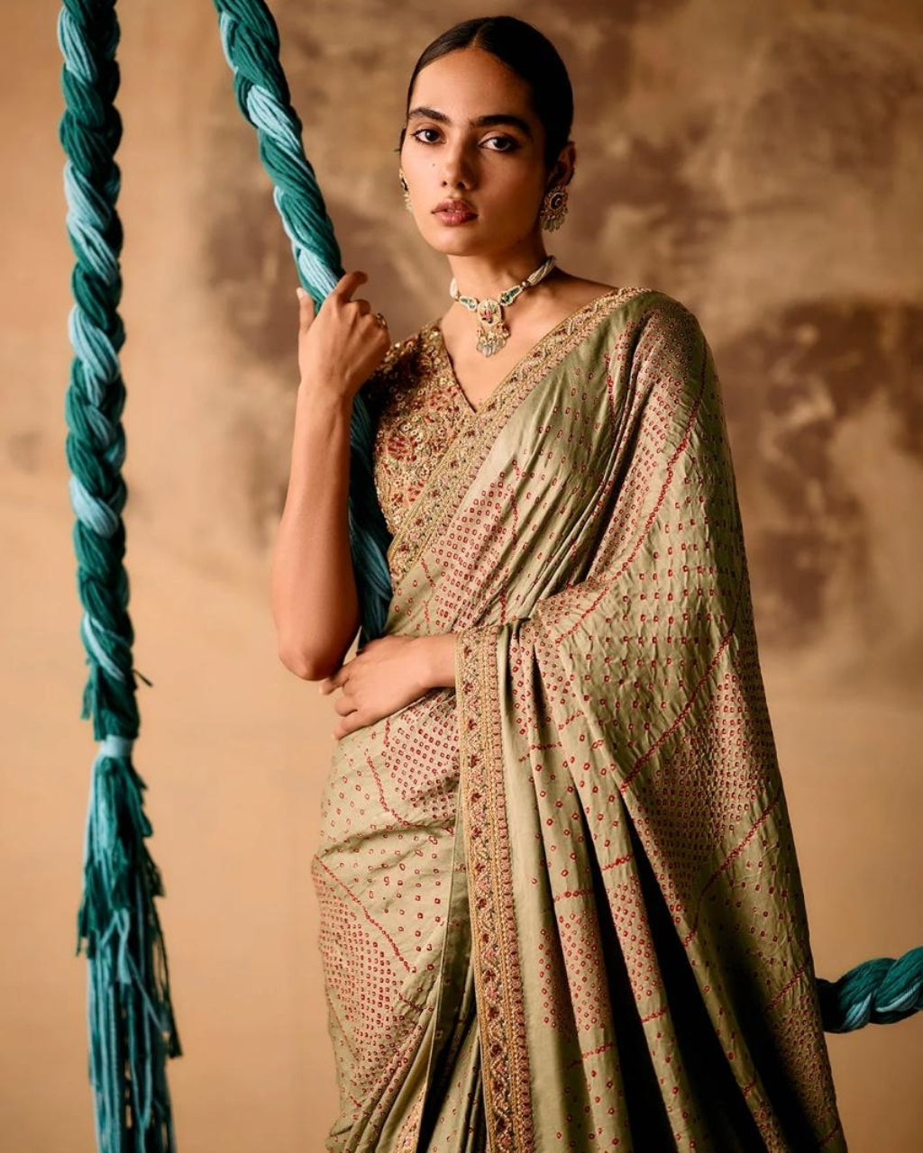 Sage Green Bandhani Sari Set