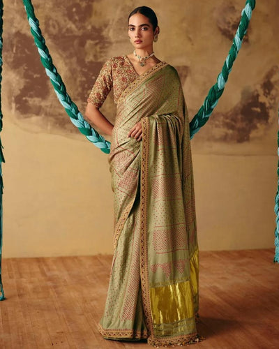 Sage Green Bandhani Sari Set