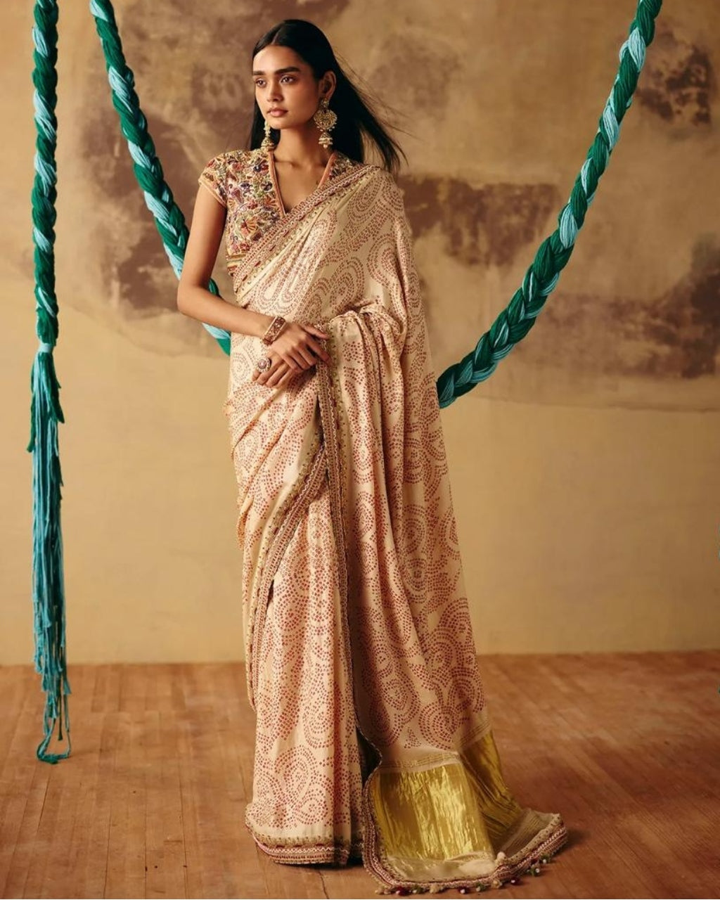 Cream Bandhani Sari Set