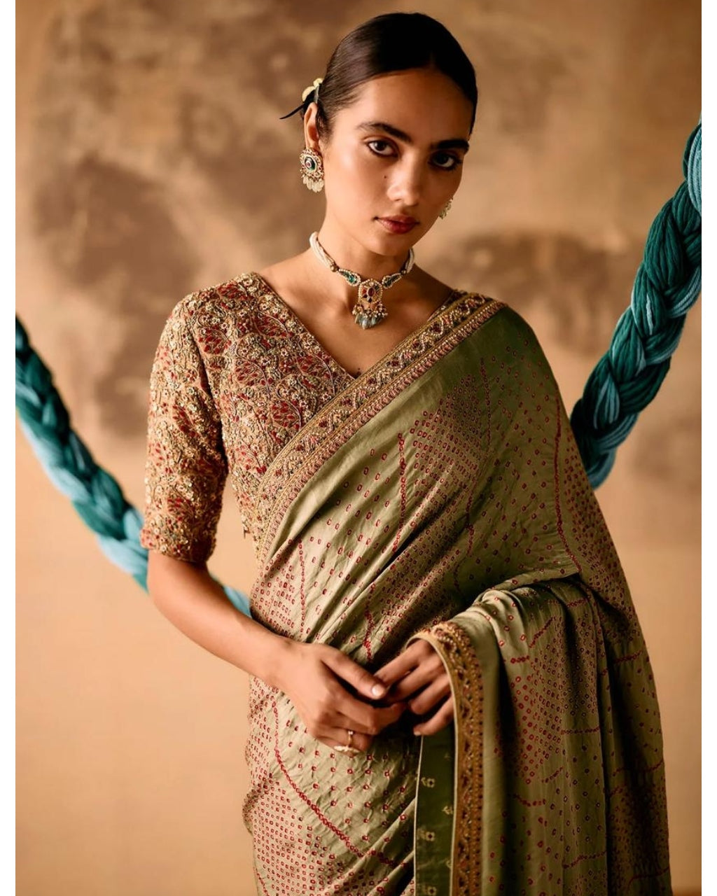 Sage Green Bandhani Sari Set