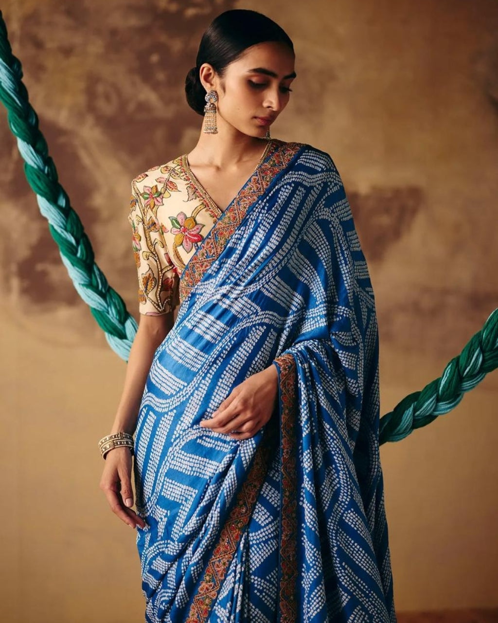Blue Bandhani and Kalamkari Sari Set