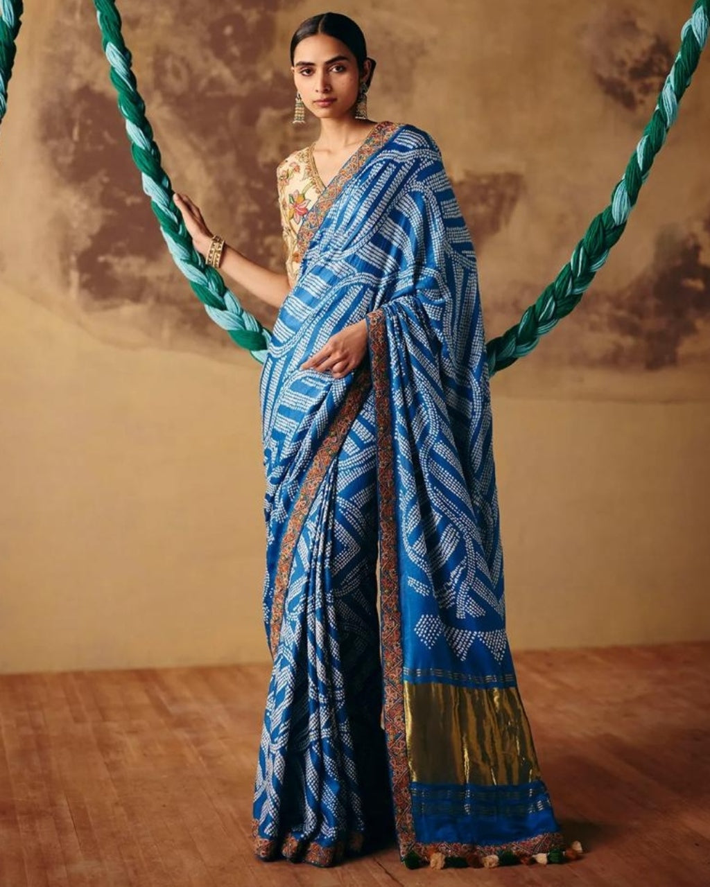 Blue Bandhani and Kalamkari Sari Set
