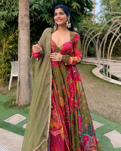 Boho Girl In Olive Anarkali Set