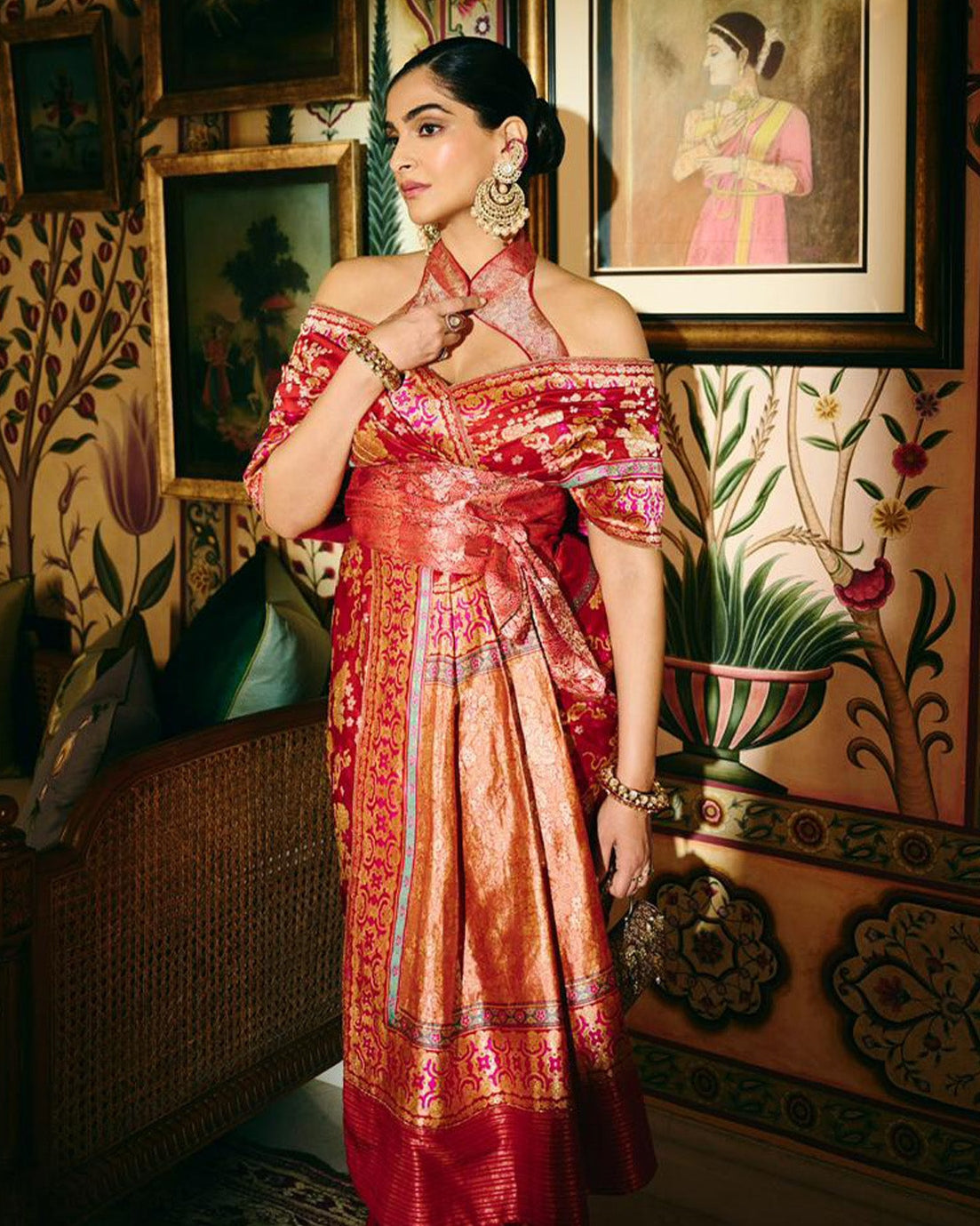 Sonam Kapoor in the Handwoven Ruby Red Mashroo Silk Sari