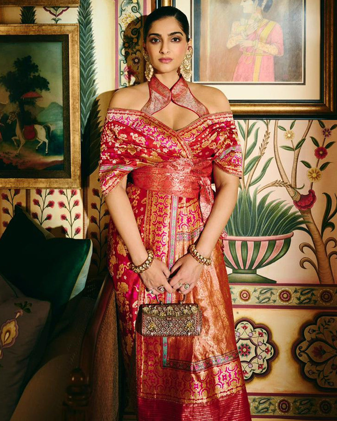 Sonam Kapoor in the Handwoven Ruby Red Mashroo Silk Sari