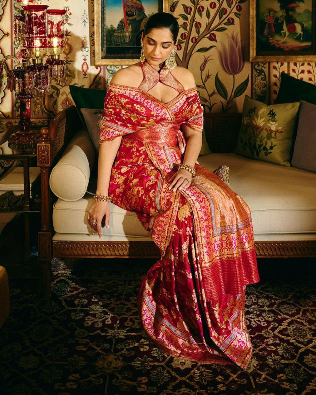 Sonam Kapoor in the Handwoven Ruby Red Mashroo Silk Sari