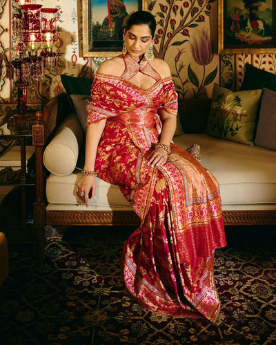 Sonam Kapoor in the Handwoven Ruby Red Mashroo Silk Sari