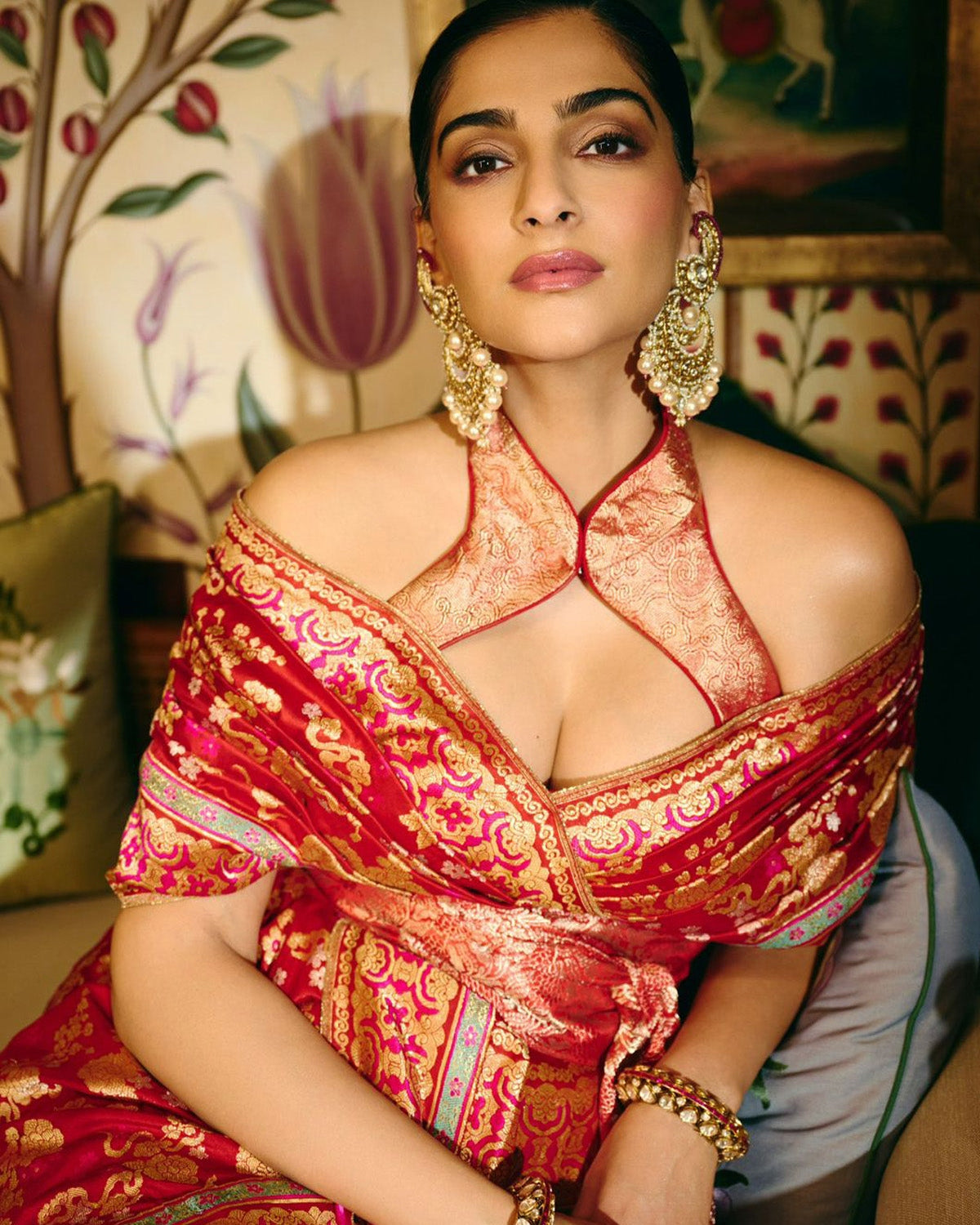 Sonam Kapoor in the Handwoven Ruby Red Mashroo Silk Sari