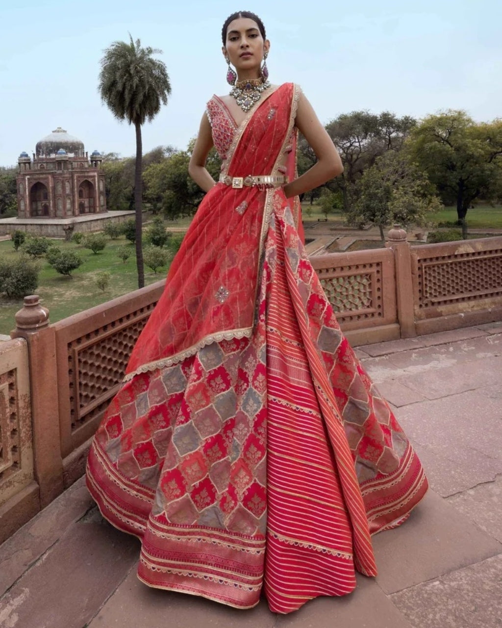 Hot Pink Banarsi Print Chanderi Lehenga Set