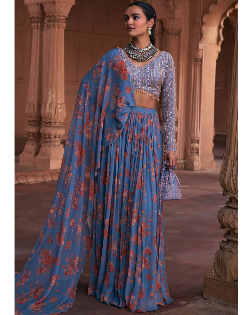 Slate Blue Floral Print And Highlighted Lehenga Sari Set