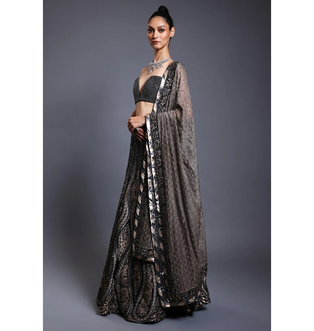 CF Applique Gunmetal Lehenga Set