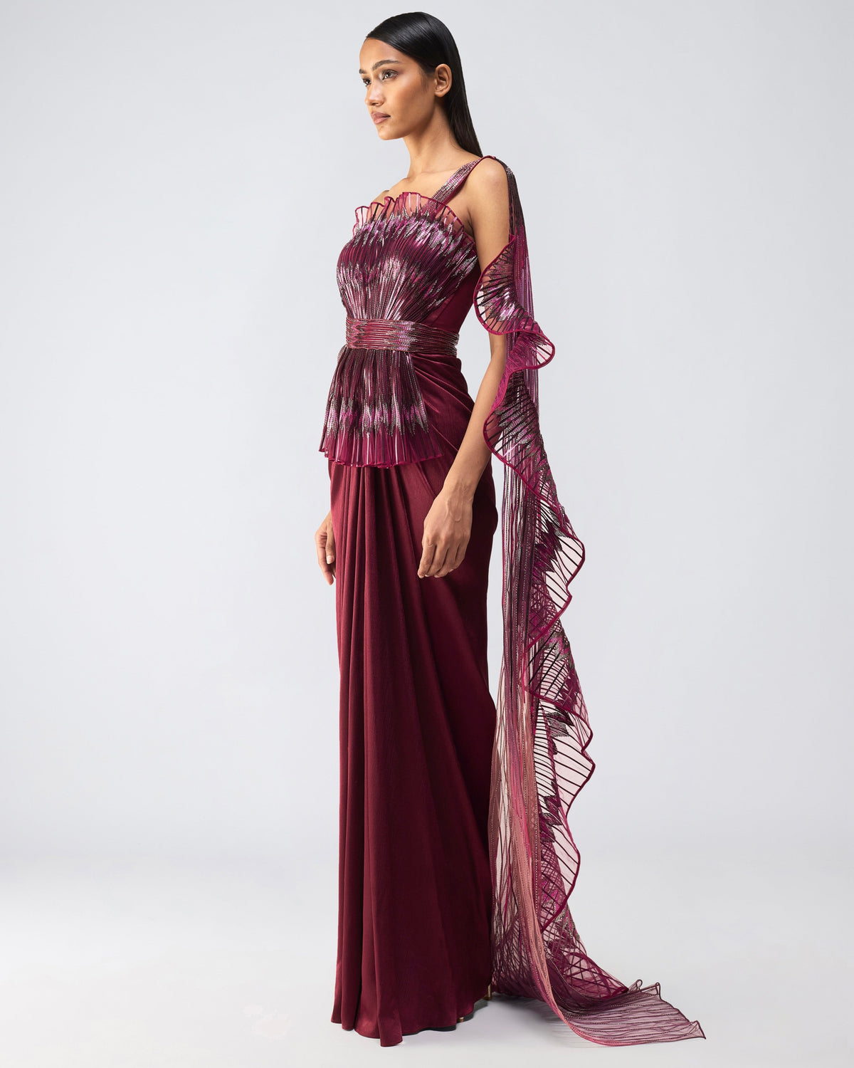 Metallic Glitch Ruffle Gown