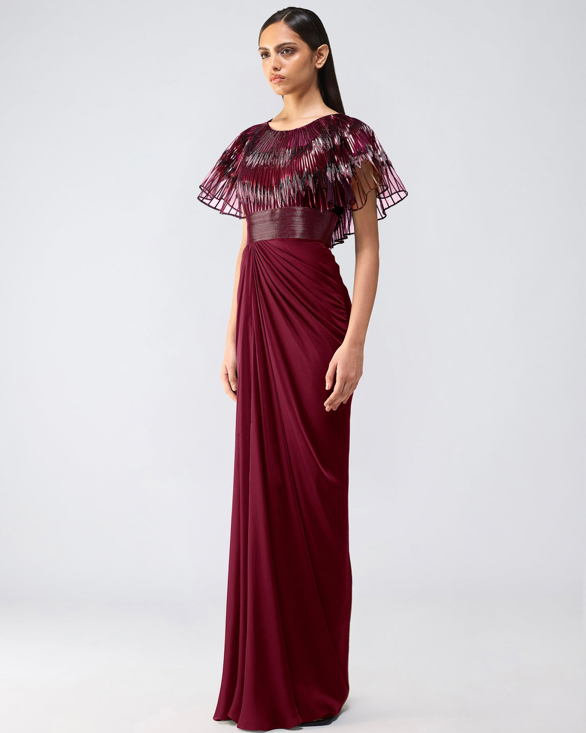 Metallic Glitch Cape Gown