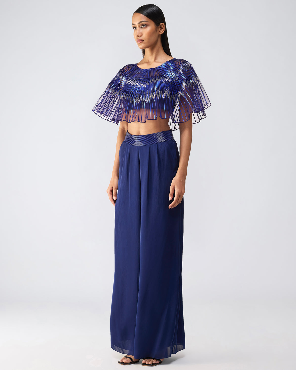 Metallic Glitch Cape Top With Pants