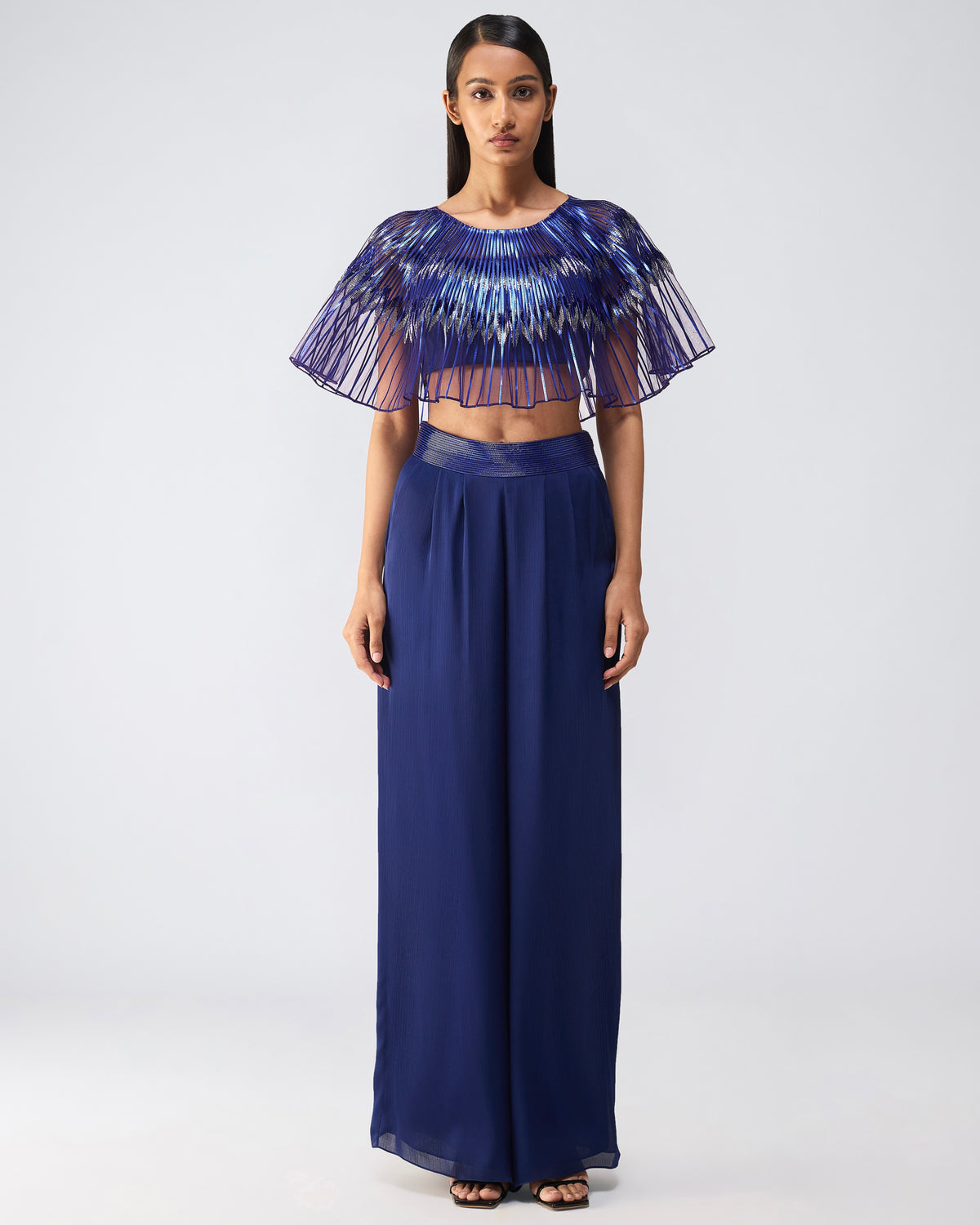 Metallic Glitch Cape Top With Pants