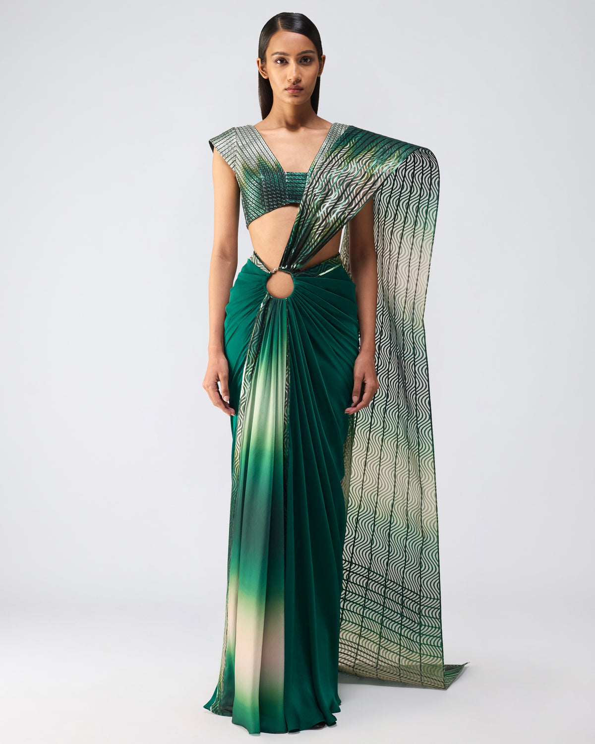 Emerald Metallic Glitch Sari