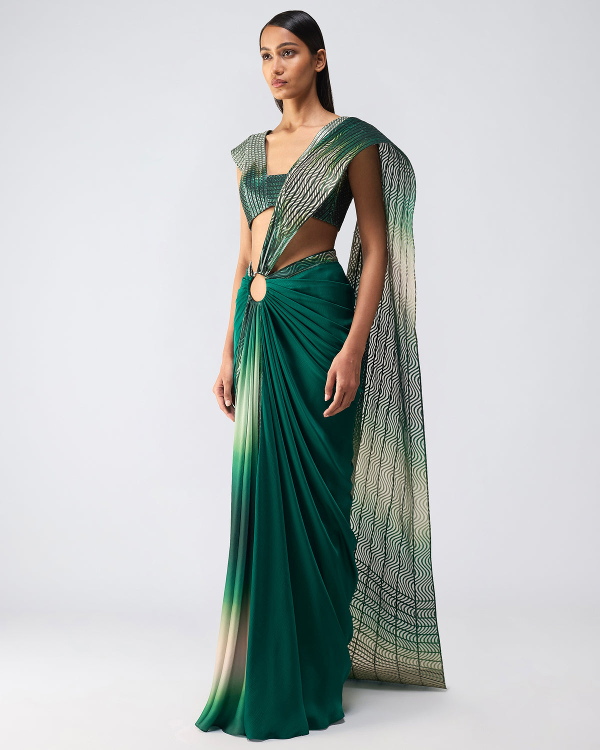 Emerald Metallic Glitch Sari