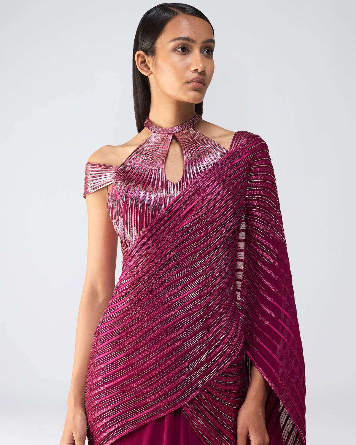 Oxblood Metallic Glitch Sari