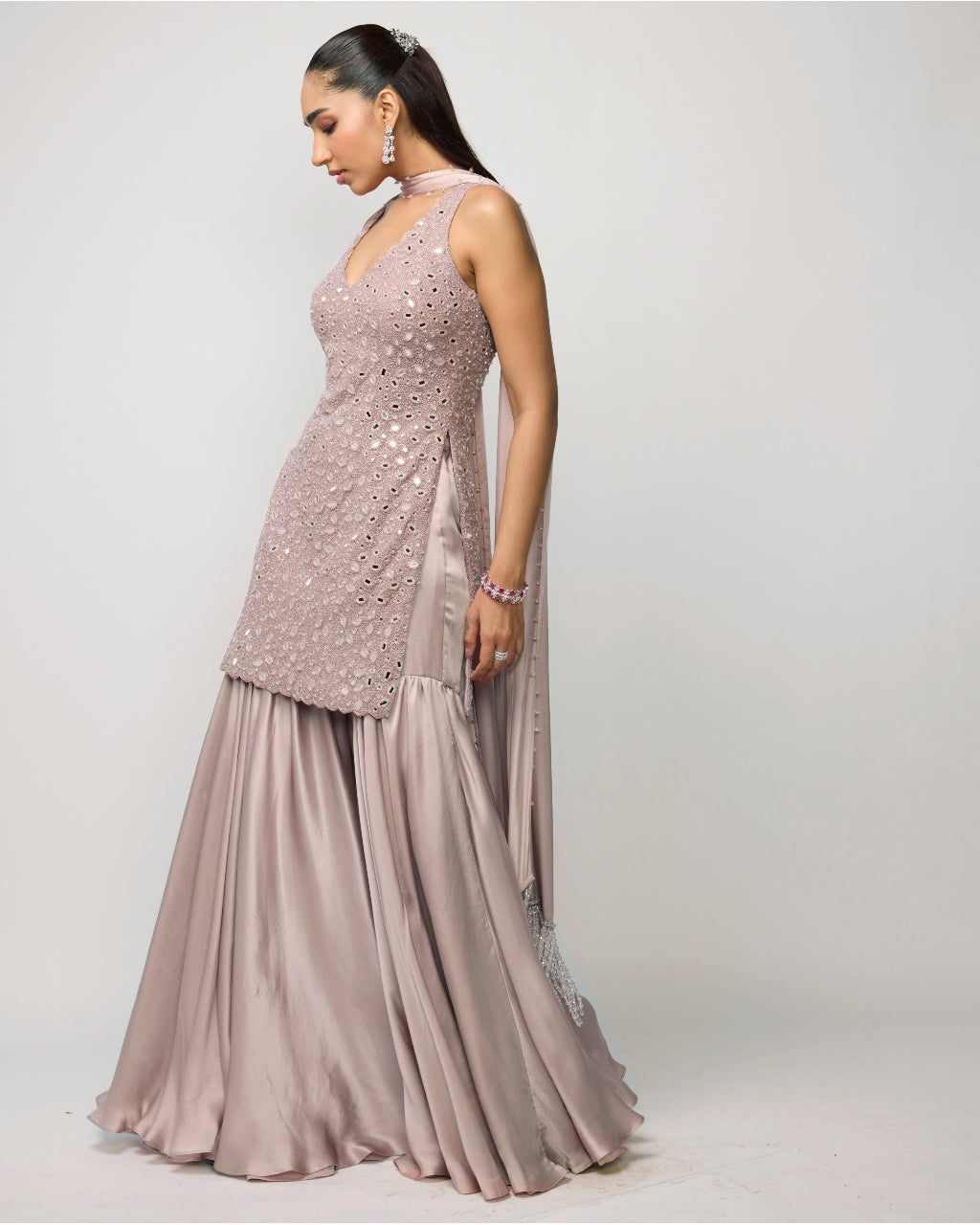 Ash Pink Satin Sharara Set