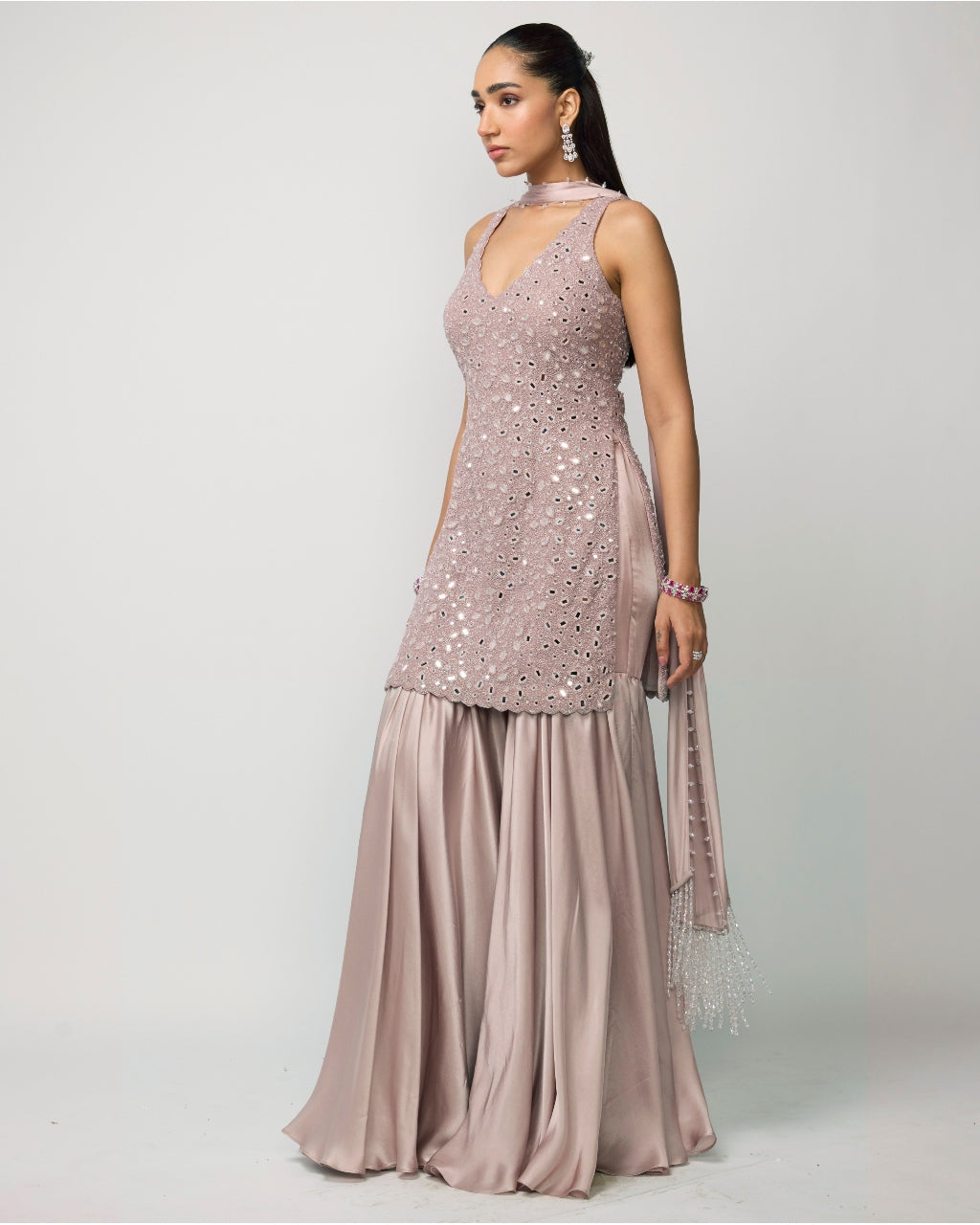 Ash Pink Satin Sharara Set