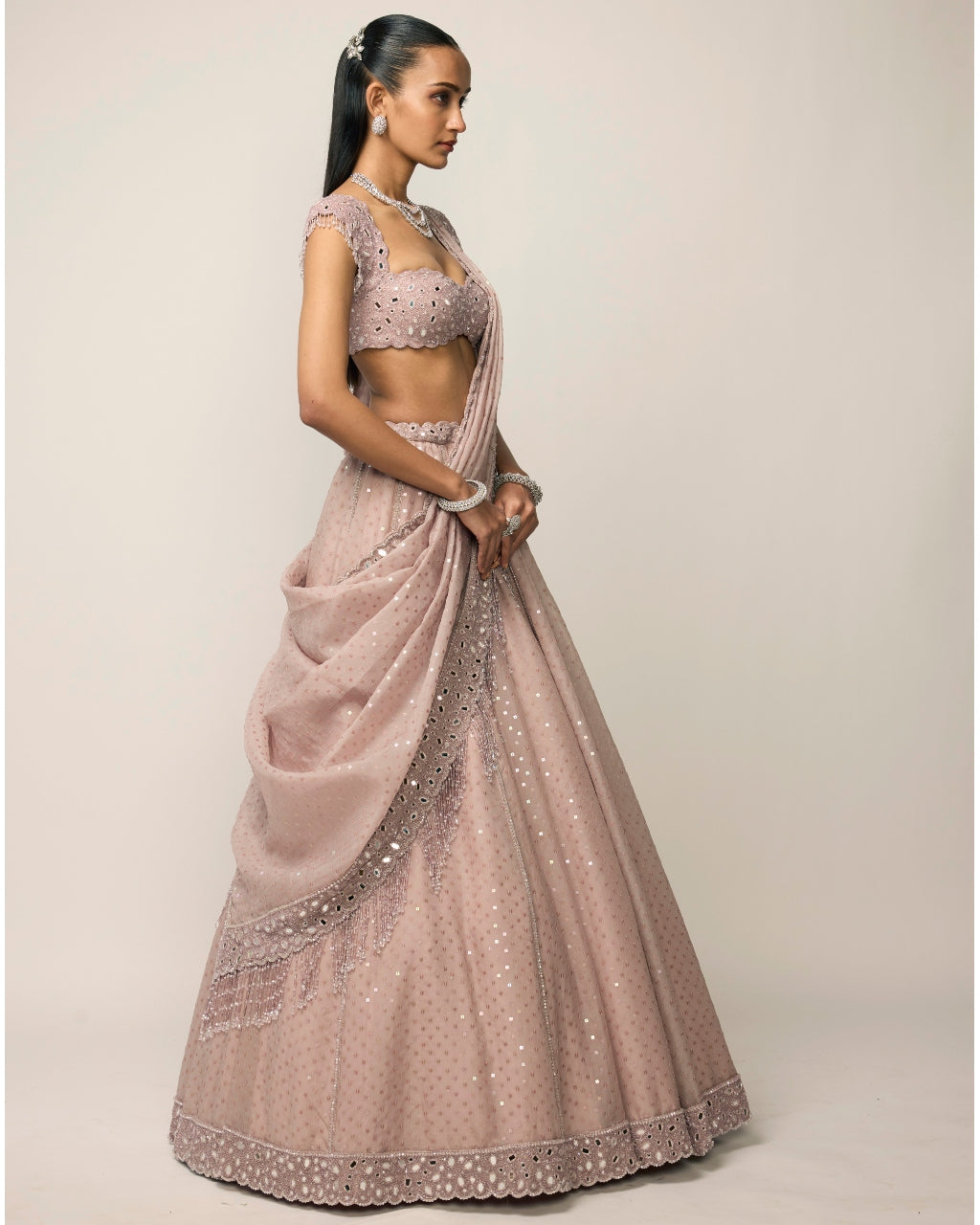 Ash Pink Sequins Embroidered Lehenga Set