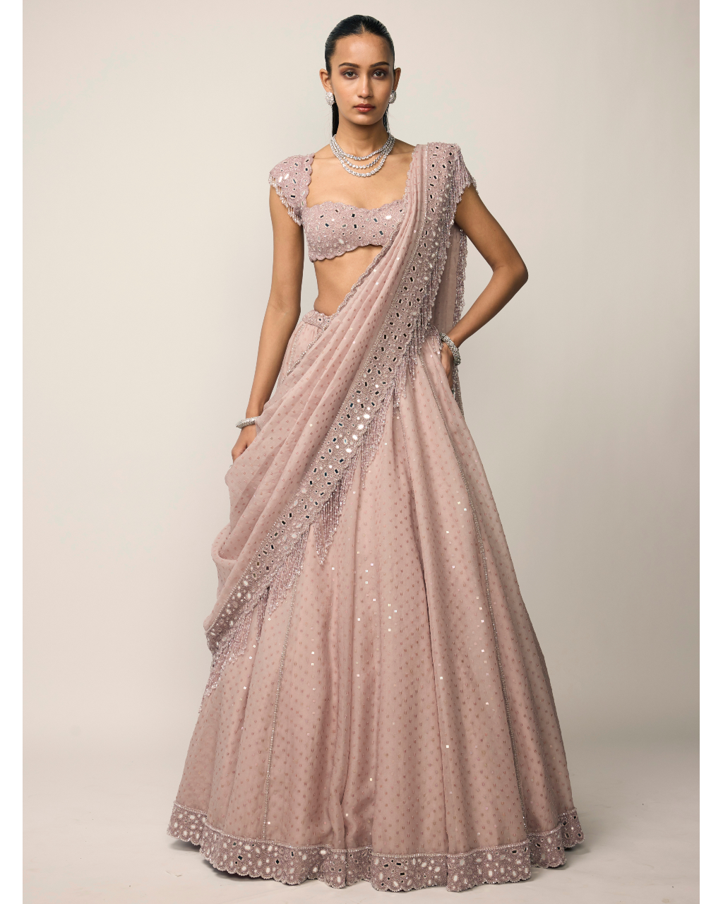 Ash Pink Sequins Embroidered Lehenga Set