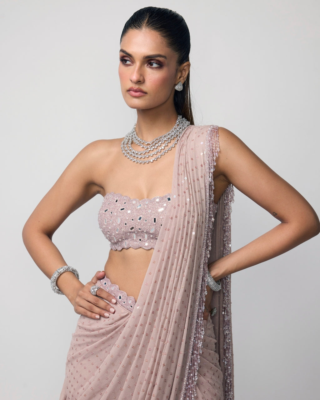 Ash Pink Drapded Sari Set