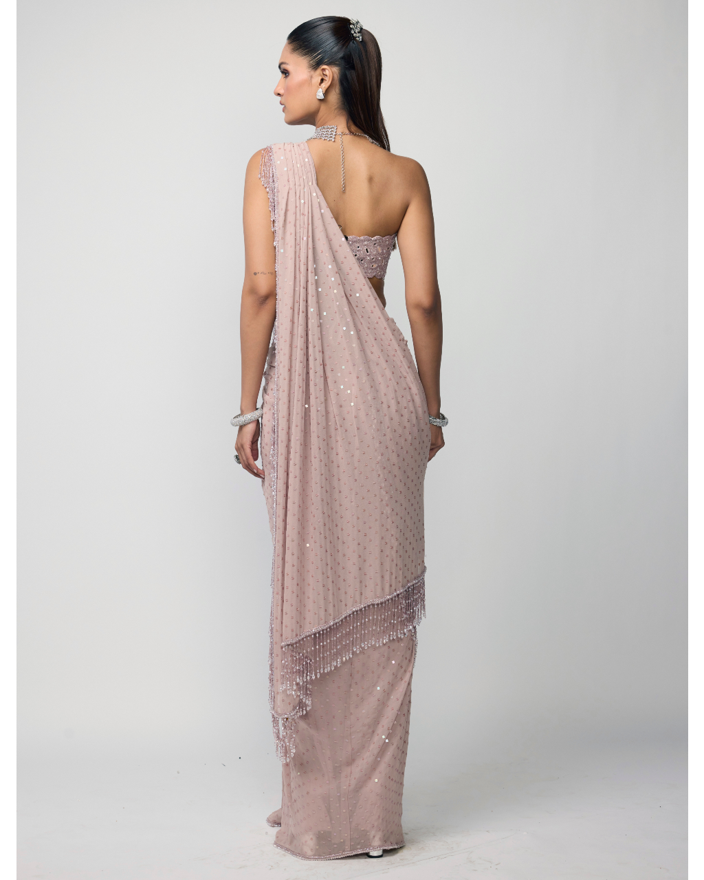 Ash Pink Drapded Sari Set