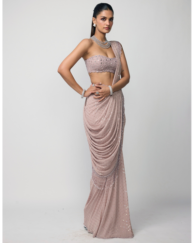Ash Pink Drapded Sari Set