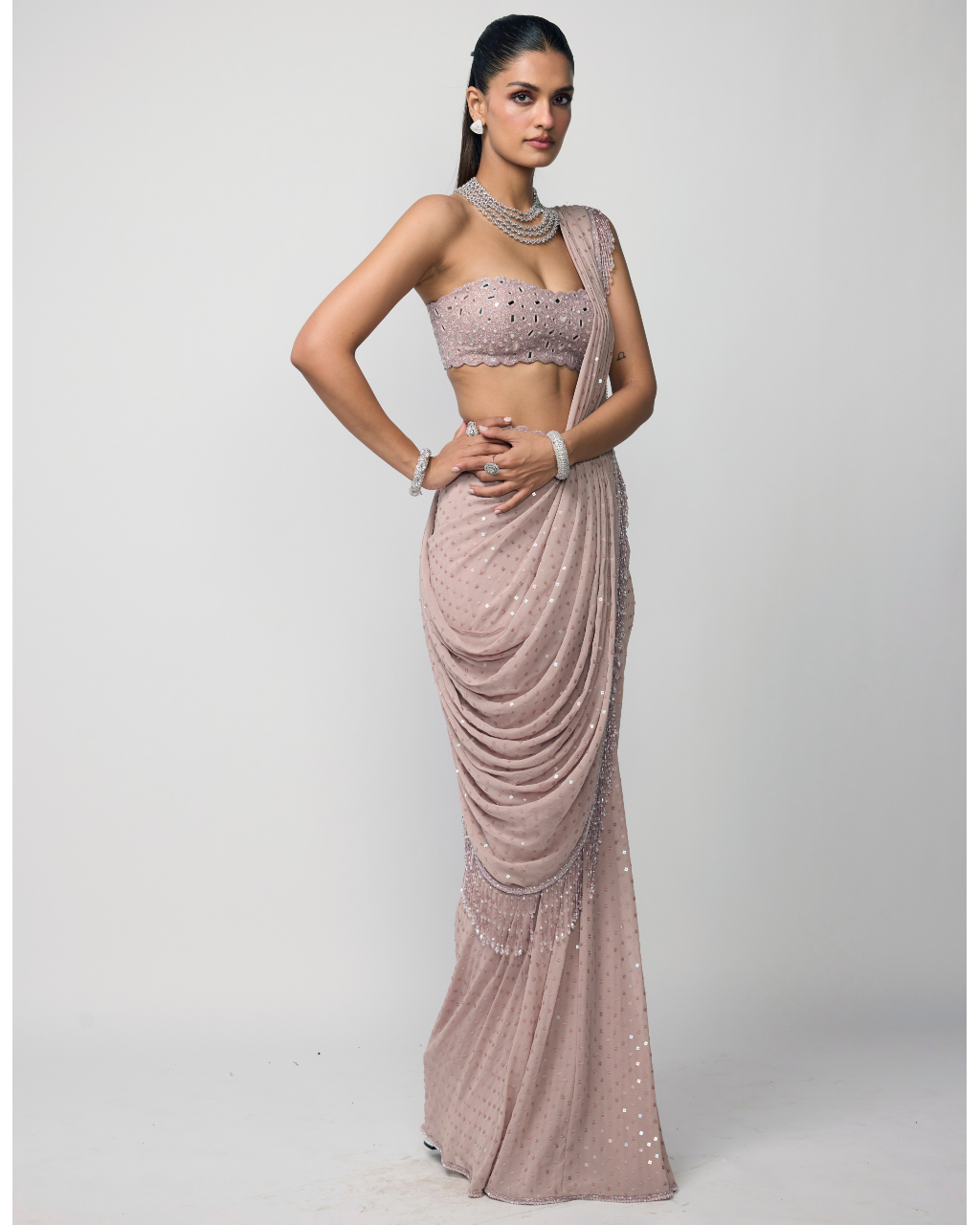 Ash Pink Drapded Sari Set