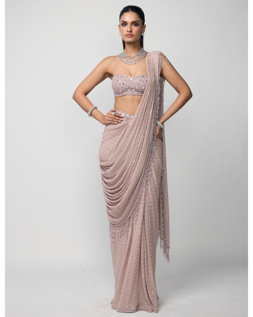 Ash Pink Drapded Sari Set
