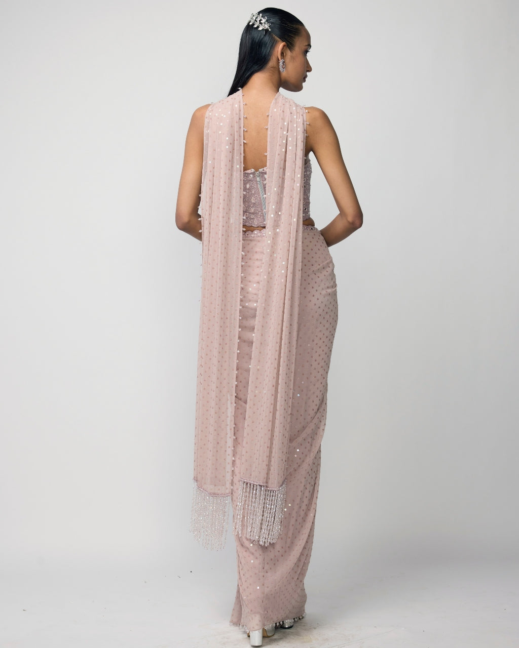 Ash Pink Draped Sequins Embroidered Skirt Set