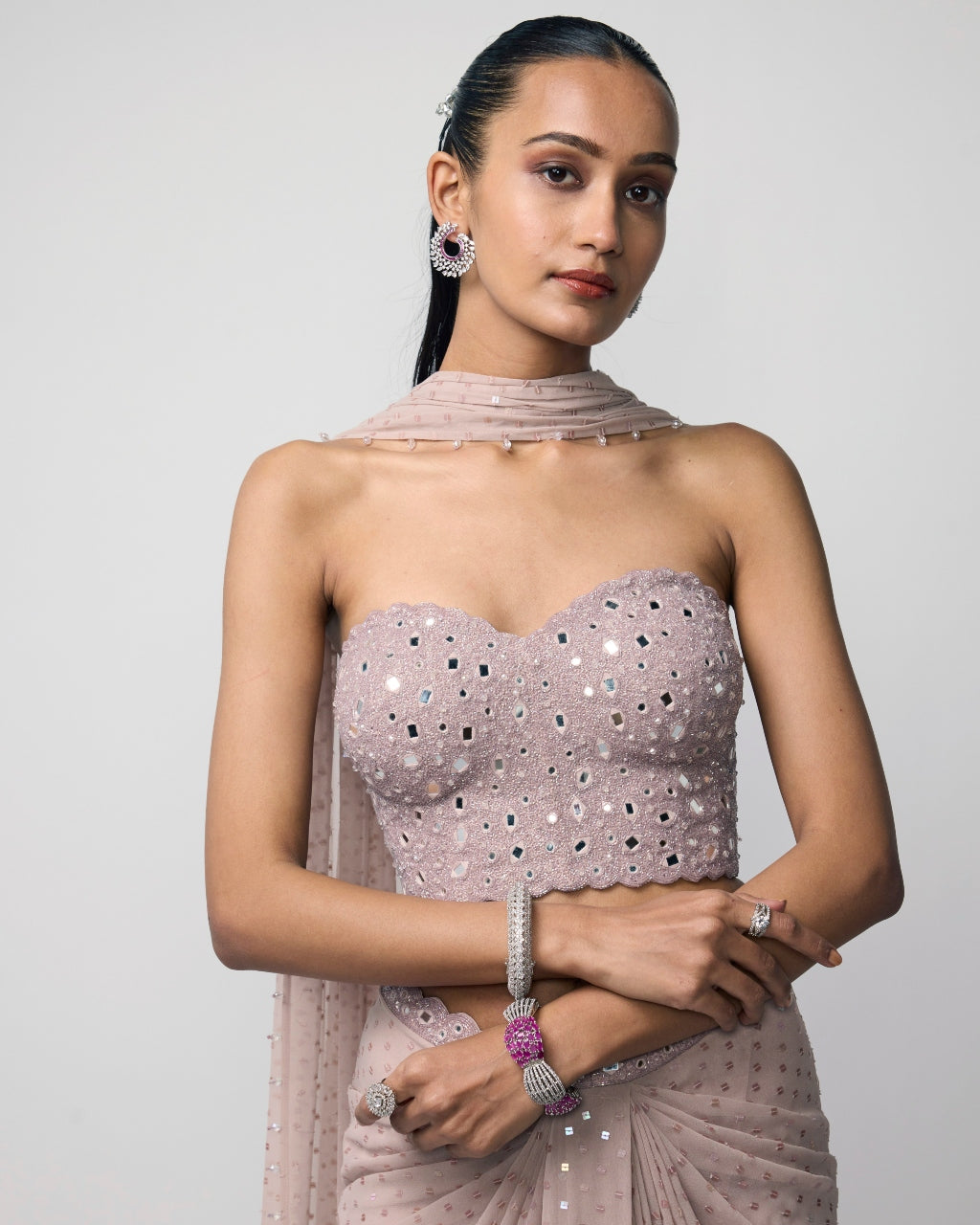 Ash Pink Draped Sequins Embroidered Skirt Set