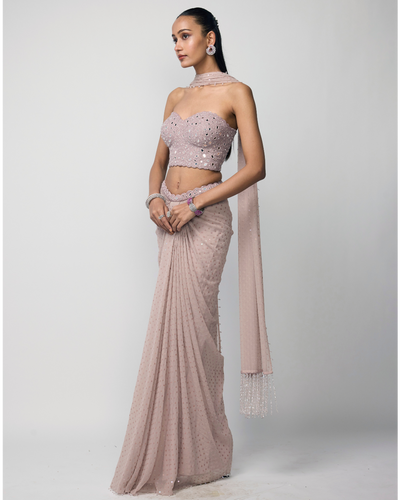 Ash Pink Draped Sequins Embroidered Skirt Set