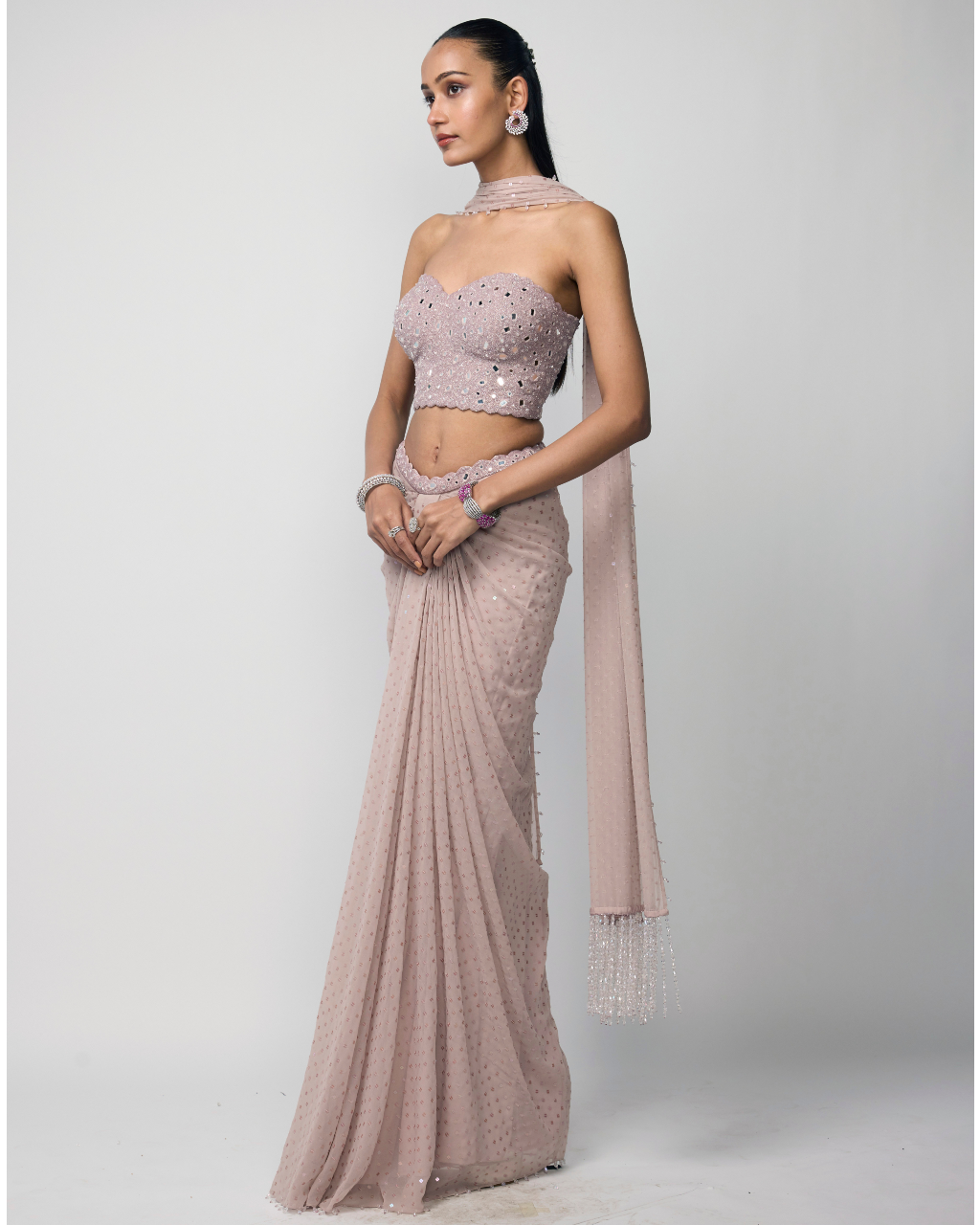 Ash Pink Draped Sequins Embroidered Skirt Set