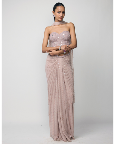 Ash Pink Draped Sequins Embroidered Skirt Set