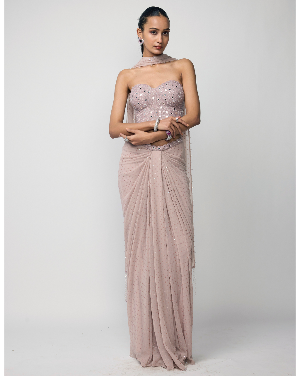 Ash Pink Draped Sequins Embroidered Skirt Set