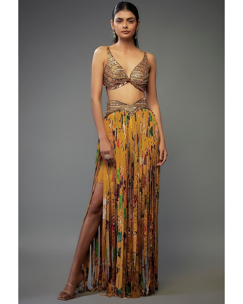 Mango Crepe Printed Fringe Skirt Set